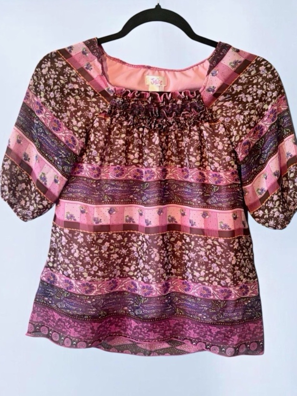Justice Girls Pink Brown Floral Ruffle Scoop Neck Short Sleeve Blouse Size 10